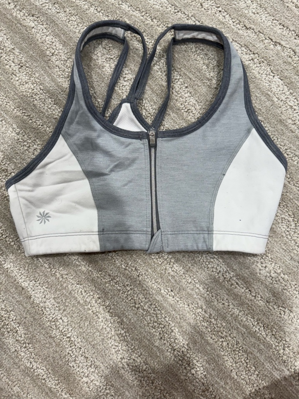 Athleta Light Gray & White Front-Zip Racerback Sports Bra